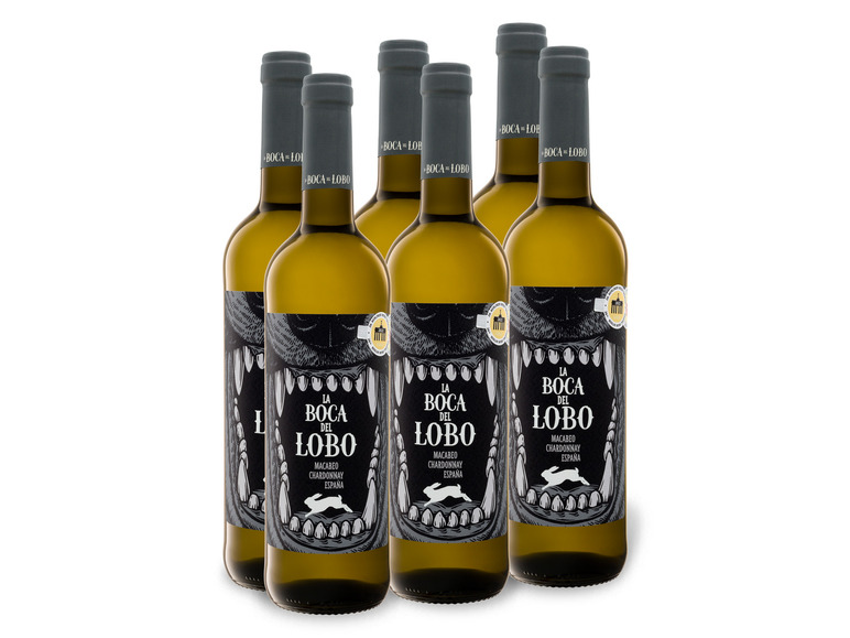 Gehe zu Vollbildansicht: 6 x 0,75-l-Flasche Weinpaket La Boca del Lobo Macabeo Chardonnay Valencia DOP trocken vegan, Weißwein - Bild 1