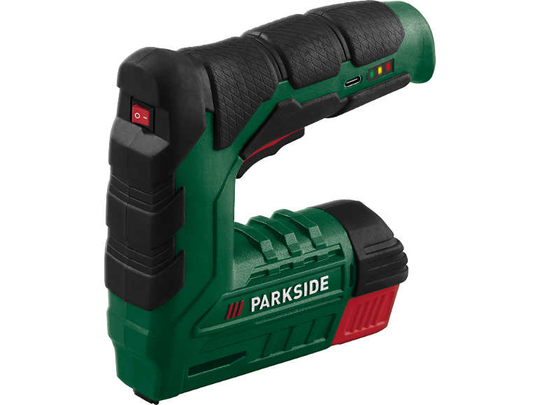 Grüner und schwarzer Elektrotacker mit Parkside-Logo.