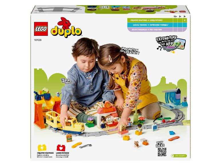 LEGO Duplo Zugset mit zwei spielenden Kindern.