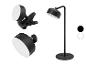 Schwarze Stehlampe und zwei Klemmlampen, mit Farboptionen.