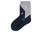 Blaue Socke mit grauem Hai-Motiv.