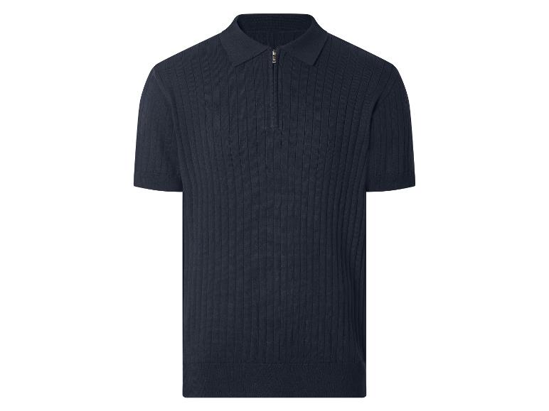 Dunkelblaues geripptes Strick-Poloshirt mit Reißverschluss