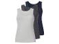 Drei Damen-Tanktops in Hellgrau, Dunkelgrau und Marineblau.