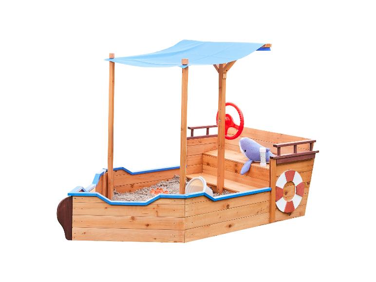 Hölzerner Sandkasten in Bootsform mit blauem Sonnendach, Lenkrad und Rettungsring
