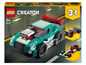 LEGO Creator 3-in-1-Set mit einem grünen Sportwagen, einem roten Hot Rod und einem Formel-1-Auto.
