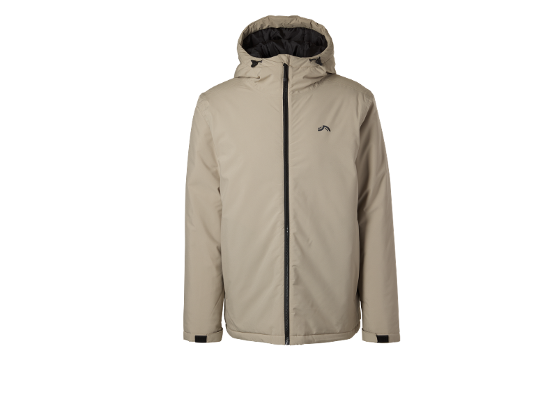 Beige Herren-Kapuzenjacke mit schwarzem Reißverschluss und kleinem Logo auf der Brust.