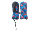 Kinder-Winterfäustlinge mit blau-rotem abstraktem Muster und schwarzem Griff.