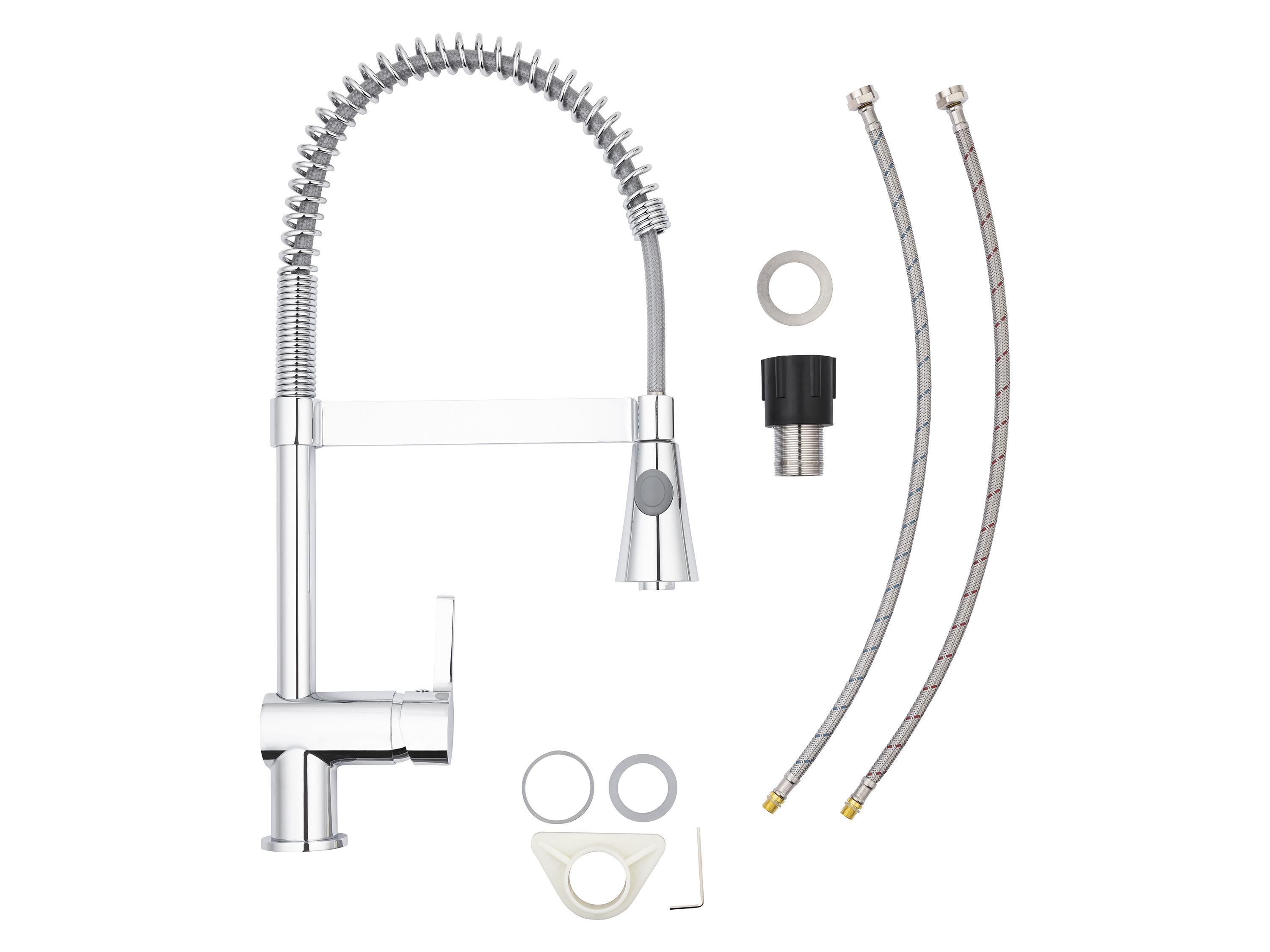 LIVARNO home Armatur Küche mit Spiralfeder/ Gummischlauch (Spiralfeder)““ | hochwertiger Edelstahl-Anschlussschläuche und Montagematerial Einbauhöhe: ca. 46 cm 2 Schlauchfarben wählbar: schwarz / weiß Mit weißem Wechselschlauch Inkl. zusätzlichem Gummischlauch (weiß) Enthaltenes Zubehör: Schwenkbare Edelstahl-Spiralfeder: 2x flexible Anschlussschläuche Dn6, warm/kalt farblich gekennzeichnet (rot/blau) 1x Neoperlator 1x Schnellmontagerohr / Montageset Schwenkbarer Gummi-Flexschlauch: 2x flexible Anschlussschläuche Dn6, warm/kalt farblich gekennzeichnet (rot/blau) 1x Ersatzgummischlauch in weiß 1x Neoperlator 1x Schnellmontagerohr / Montageset Technische Daten Anschlüsse: 3/8″“ Innengewinde Wasserdruck: max. 10 bar Anschlussschläuche: ca. 500 mm Energiesparfunktion: Ja Wassersparfunktion: Ja Schwenkbarer Auslauf: Ja Max. Temperatur über die Kartusche einstellbar: Ja Kaltwasseranschluss geeignet (Niederdruck/Durchlauferhitzer): Ja Schwenkbare Edelstahl-Spiralfeder: 40 mm Kartusche (mit langlebigen, verschleißfesten Keramikscheiben) Schwenkbarer Gummi-Flexschlauch: 35 mm Kartusche (mit langlebigen, verschleißfesten Keramikscheiben) Material Edelstahl, Messing, Kunststoff, Gummi, Nylon, Keramik Maße Schwenkbare Edelstahl-Spiralfeder: ca. 280 x 515 x 55 mm Schwenkbarer Gummi-Flexschlauch: ca. 280 x 460 x 55 mm Gewicht Schwenkbare Edelstahl-Spiralfeder: ca. 1,97 kg (inkl. Zubehör) Schwenkbarer Gummi-Flexschlauch: ca. 1,7 kg Hinweise LGA-geräuschgeprüft. Chemisch und mechanisch getestet. Detaillierte Erläuterung zur Energiesparfunktion durch den Kaltstart finden sich in der beiliegenden Gebrauchsanleitung. Auch für Durchlauferhitzer geeignet. Nicht geeignet für Niederdruck- und Kleinspeicher.““