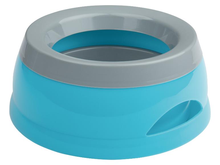 Futter- und Trinknapf für Haustiere, blau und grau aus Plastik.