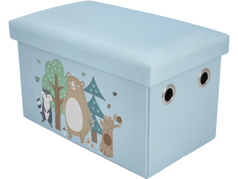 Hellblaue Aufbewahrungsbox mit Deckel und Waldtiermotiv.