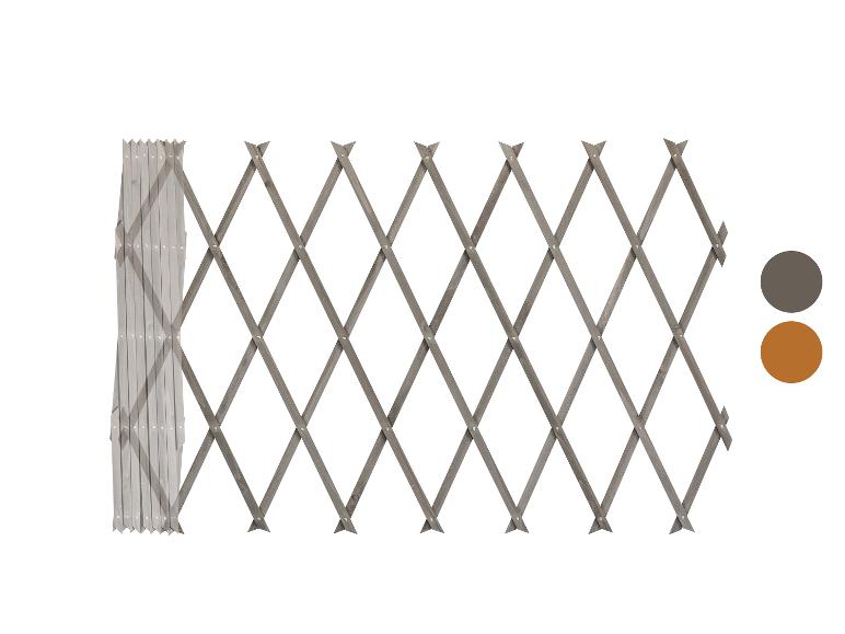 Graues ausziehbares Holzspalier mit zwei Farbmustern.