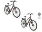 Zwei graue E-Bikes mit roten Akzenten, ein größeres, ein kleineres.