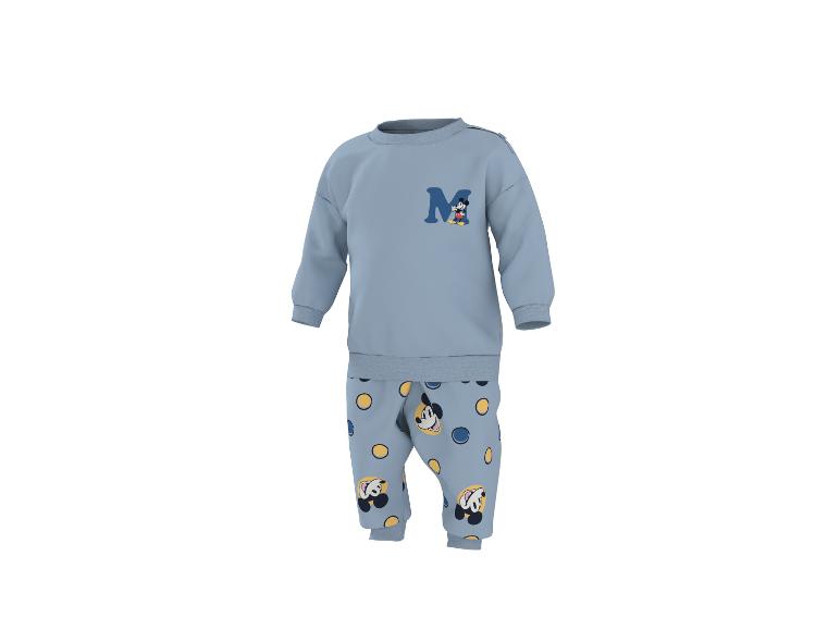Blauer Baby-Pyjama-Set mit Mickey-Mouse-Motiv und Punkten.