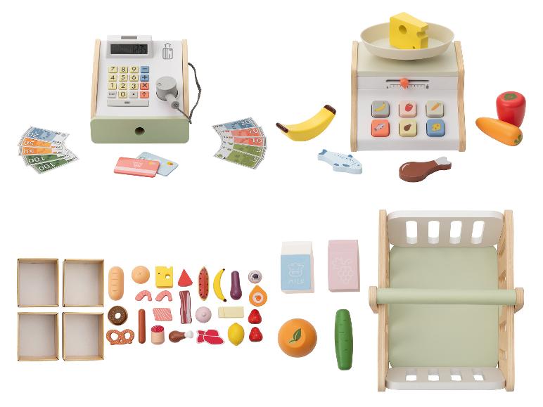 Ein Holzspielzeug-Supermarkt-Set mit Kasse, Waage, Einkaufswagen und verschiedenen Lebensmitteln.