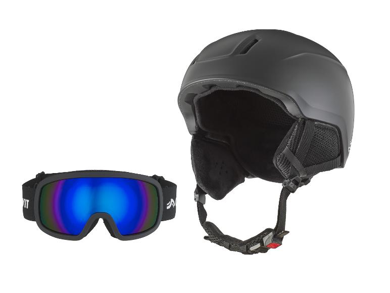 Schwarzer Skihelm und Skibrille mit blauem Visier.