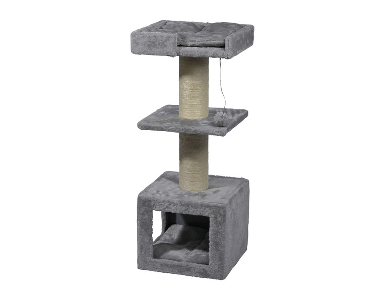 Ein grauer Katzenbaum mit einem Kratzbaum und einem Versteck.