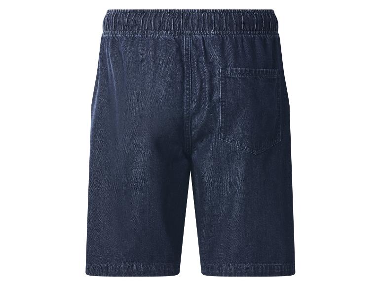 Dunkelblaue Jeans-Shorts mit elastischem Bund und Gesäßtasche.