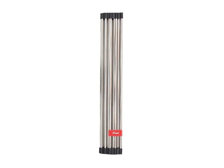 Rollbares Abtropfgestell mit Metallstangen und schwarzen Enden.