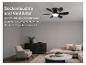 Deckenleuchte und Ventilator in einem modernen Wohnzimmer, mit Text: „Deckenleuchte und Ventilator“.