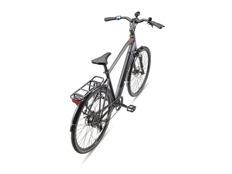 Graues E-Bike mit Gepäckträger und Display.