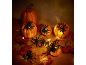 Halloween-Spinnenlichterkette mit Kürbissen und Herbstblättern.