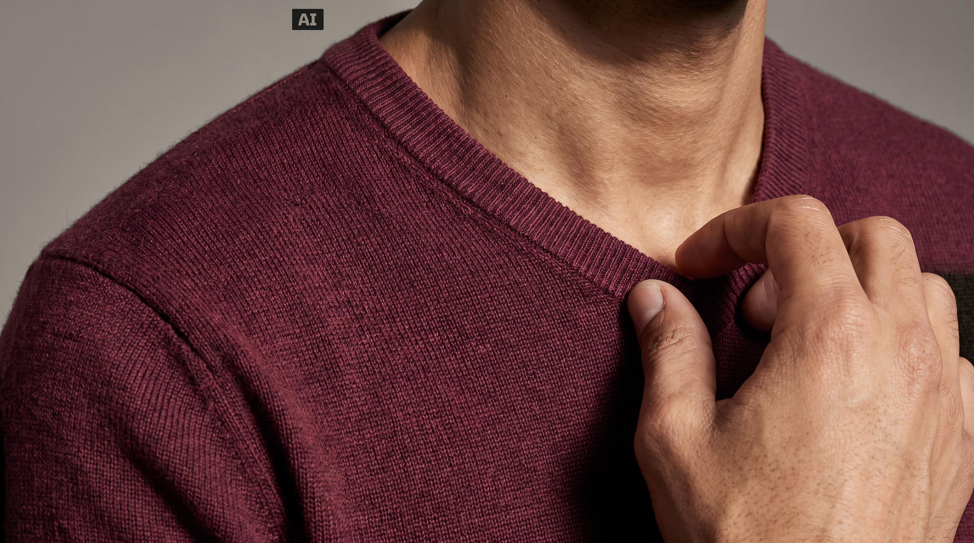 Dieses Bild ist KI-generiert: Ein männliches Model trägt den Pullover in der Farbe Bordeaux.