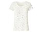 Weißes Damen-T-Shirt mit Blumenmuster und gewelltem Saum.