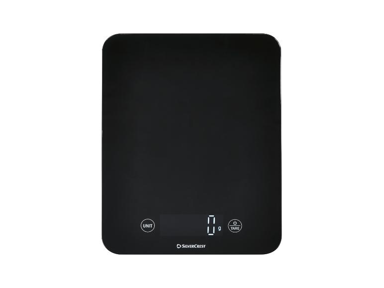 Schwarze digitale Küchenwaage mit Display, das „0 g“ anzeigt, und Tasten für „UNIT“ und „TARE“.