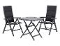 Outdoor-Bistro-Set mit zwei dunkelgrauen Klappstühlen und einem quadratischen Klapptisch.
