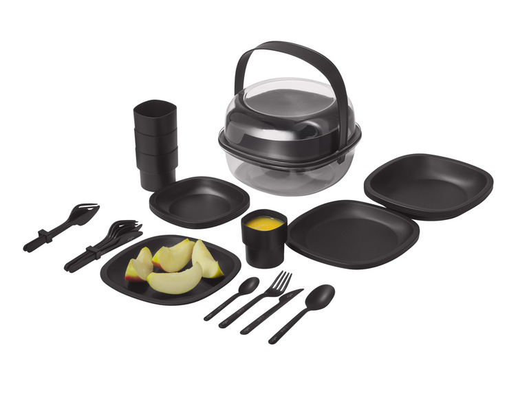 Schwarzes Picknick-Set mit Tellern, Bechern, Besteck und einer Aufbewahrungsbox.
