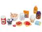 Holzspielzeug-Frühstücksset mit Müsli, Milch, Saft, Joghurt, Toast, Waffeln und einem Ei.