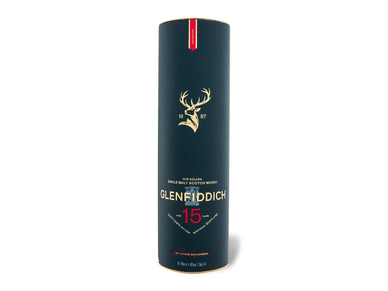15 Jahre alter Single Malt Scotch Whisky in einer Tube, mit goldenem Hirsch und roten Details.