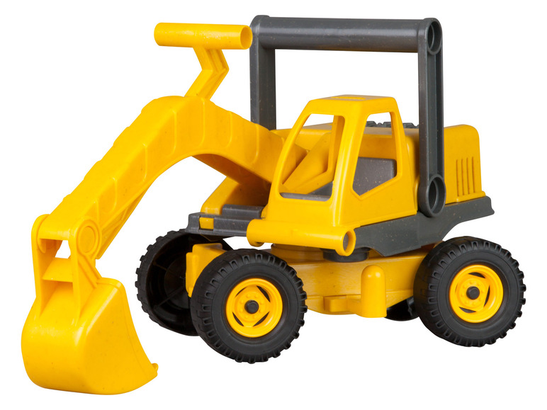 Gelber Spielzeugbagger mit einem Auslegerarm und Rädern.