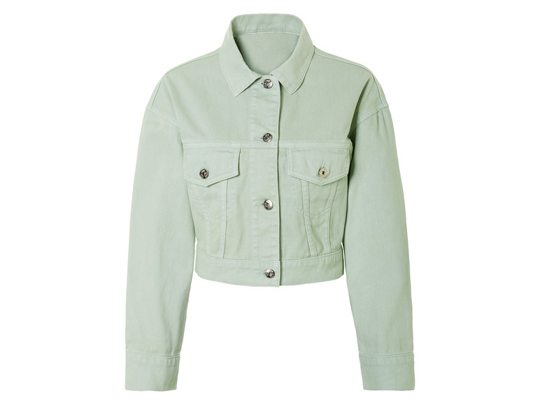Eine hellgrüne Jeansjacke mit Knöpfen.