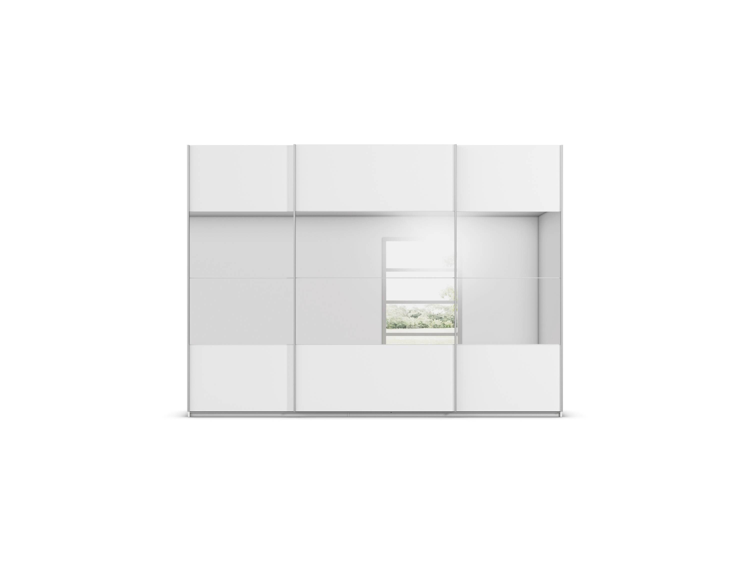 Thumbnail - rauch ORANGE Quadra Schwebetürenschrank mit Spiegelelementen (Premium-Zubehör, Korpus Weiß, 315 x 230 cm)