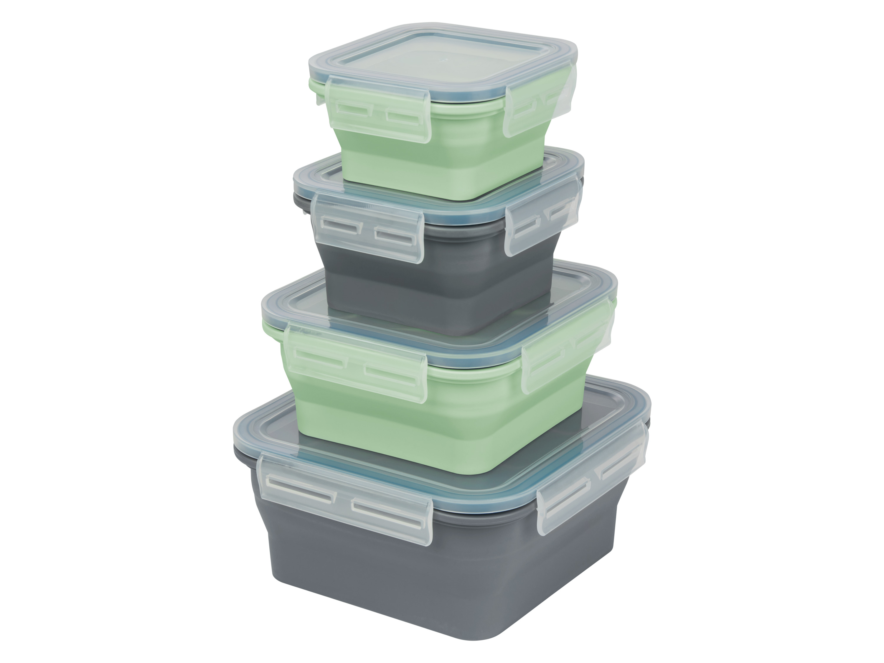 SILVERCREST® Frischhaltedosen faltbar Silikon (Quadrat)““ | Quadrat: ca. 12,5 x 12,5 x 6,3 cm, ca. 13,7 x 13,7 x 7,3 cm, ca. 16,9 x 16,9 x 7,6 cm, ca. 20,1 x 20,1 x 9,4 cm