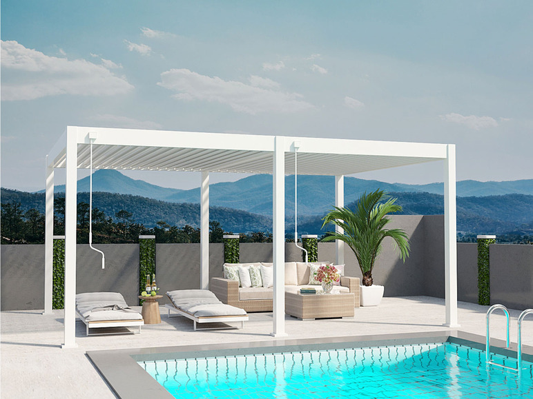 Weiße Pergola mit Loungemöbeln und Pool