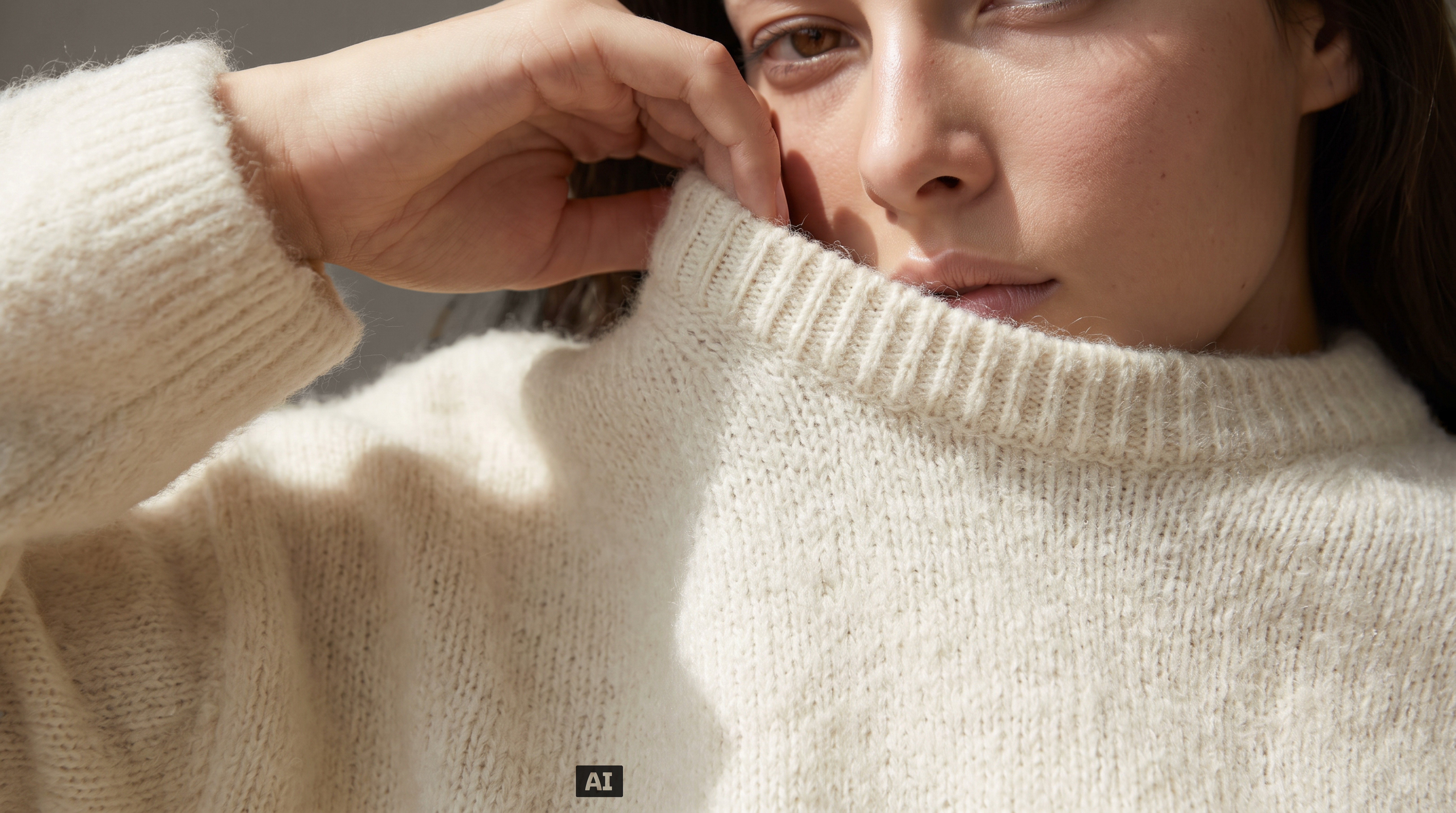 Dieses Bild ist KI-generiert: Ein weibliches Model trägt das 3-teilige Set in der Farbe Beige.
