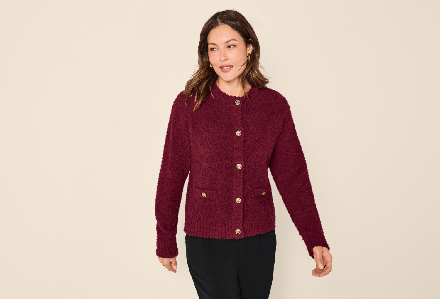 ESMARA® Damen Plüsch Cardigan (Bordeaux, XS(32/34)) – Bild 2 von 3