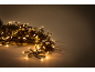 Weihnachtsbeleuchtung mit warmweißen LED-Lichtern und grünen Tannenzweigen auf hellem Hintergrund.