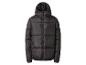Schwarze Steppjacke mit Kapuze und Reißverschluss.