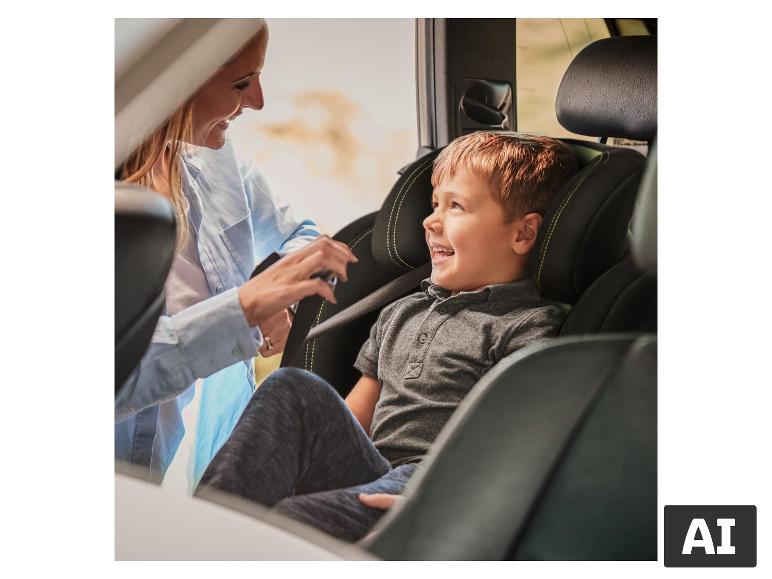 Kind im BABYGO Kindersitz Freemove I-Size, während die Mutter es anschnallt. [KI-generiertes Bild]