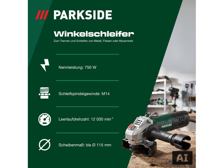 Winkelschleifer mit 750 W Leistung, M14-Gewinde und 115 mm Scheibengröße zum Trennen und Schleifen von Metall, Fliesen oder Mauerwerk.