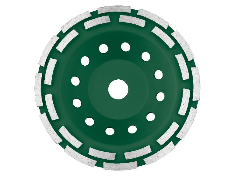Grüne Diamantschleifscheibe mit segmentierten Kanten und Lüftungslöchern.