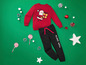 Ein roter Pullover mit Weihnachtsmann-Motiv und schwarze Hose mit 'Team Santa' Schriftzug.