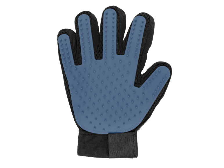 Tierpflegehandschuh mit blauen Gumminoppen auf schwarzem Netzgewebe.