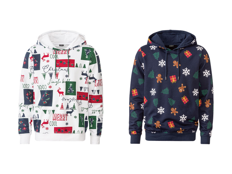 Zwei Weihnachtspullover mit Kapuze, ein weißer mit Weihnachtsmotiven und ein blauer mit Lebkuchenmännern.