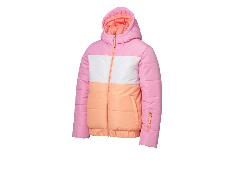 Kinder-Winterjacke in Pink, Weiß und Orange mit Kapuze.