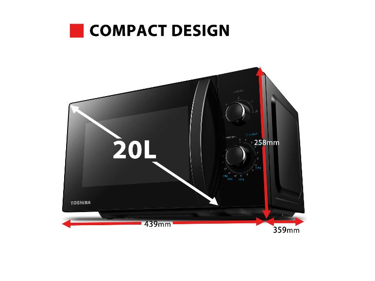 Kompakte schwarze 20L Mikrowelle mit Abmessungen von 439x258x359mm.