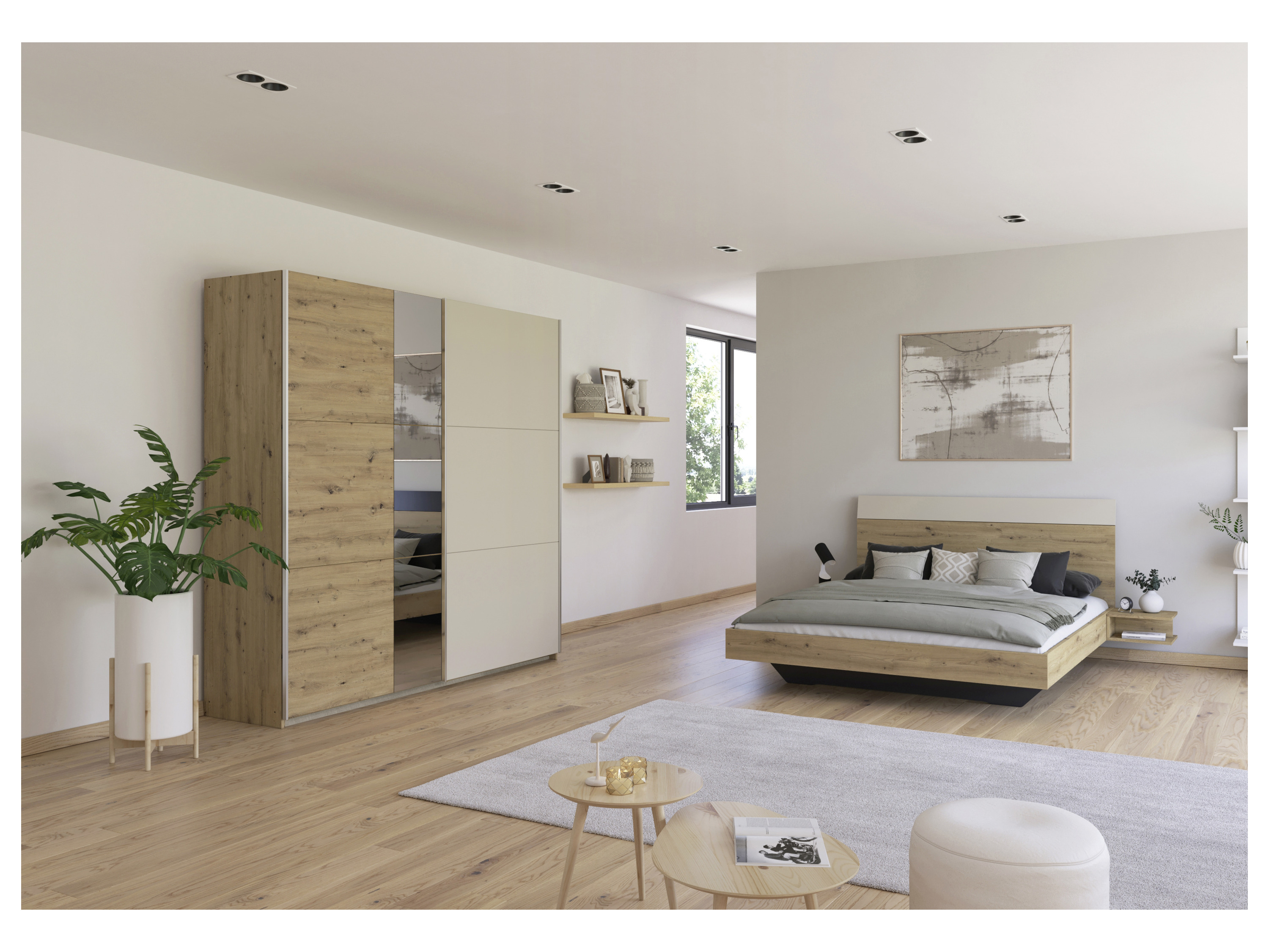 RAUCH BLUE Monza Set: Bettanlage inkl. Nachttische, Schwebetürenschrank 218 cm (Set:Kleiderschrank mit Spiegel, Eiche Artisan/Beige, Breite 502 cm / Höhe 210 cm – Bild 2 von 4